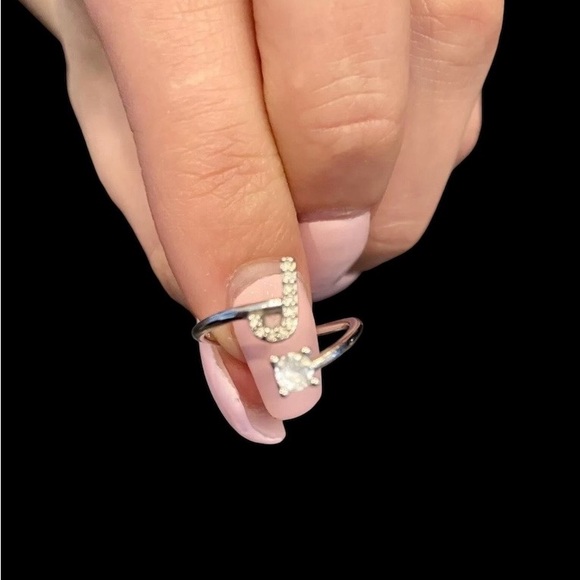 Sterling Silver Adjustable Ring With Letter J Solitaire Stone Sizes 7-10 - Picture 6 of 10